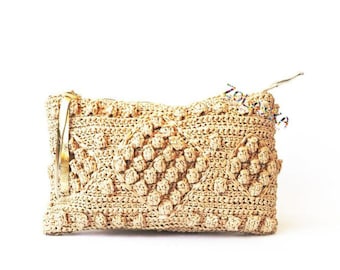 Straw beach bag, raffia woven clutch, crochet raffia purse, straw purse, natural raffia bag, beach wedding purse, straw clutch, boho clutch