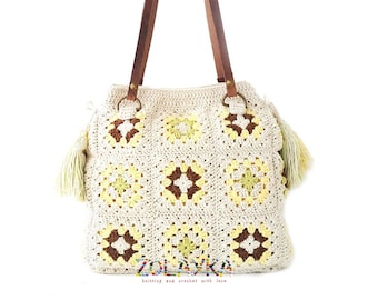 Granny Square Crochet Bag with Tassels, Large Shoulder Hippie Bag, Genuine Leather Handles, Many Inside Pockets