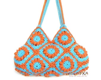 Turquoise Orange flowers crochet handbag, boho hippie floral shoulder bag, flower purse. granny square crochet bag