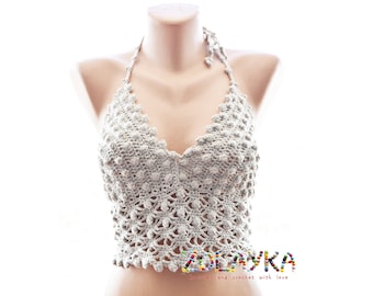 Crochet  Halter Top, V neck Crop Top Crochet, 34D US Size, Woman Cotton Summer Top, Tie Back Corset, White or Denim Blue