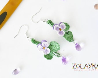 Purple White Pansy Flower Branch Micro Crochet Dangle Earrings, 925 Silver Hooks, Handmade Jewelry