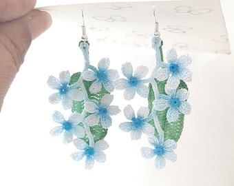 Blue Daisy Flowers with a Leaf Micro Crochet Earrings, Handcrafted 925 Silver Dangles, Lightweight Crochet Flowers Birthday Gift