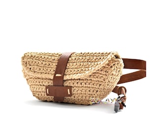 Natural Raffia Belt Bag – Boho Straw Crochet Fanny Pack with Leather Strap
