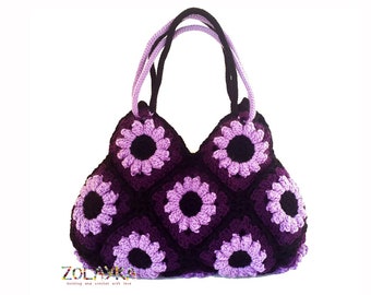 Bohemian purse with flowers, crochet shoulder bag, Granny squares bag, purple hippie bag, flowers boho bag, hippie bag retro style purse