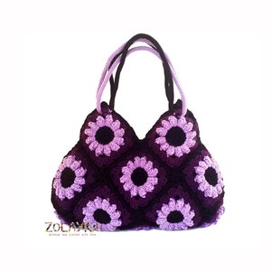 Bohemian purse with flowers, crochet shoulder bag, Granny squares bag, purple hippie bag, flowers boho bag, hippie bag retro style purse image 1