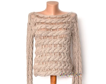 Loose Knit Sweater with Braids Beige Open Weave Pullover - S M L Size. 100% Cotton