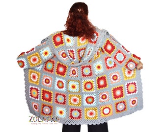 Long Crochet Granny Squares Cardigan Sweater, Grey Boho Jacket, Cotton Acrylic Lightweight Long Knit  Hodded Jacket
