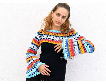 Handmade Striped Long Sleeves Shrug Bolero - The Perfect Crop Sweater for Layering, Y2K Boho Street Fashion Jumper