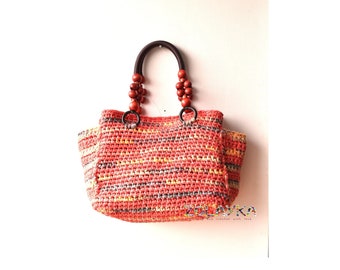 Red Crochet Bag with Wooden Handles, Over Arm Crochet Purse