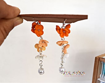 Ombre Orange Cluster Dangle Micro Crochet Flower Earrings with 925 Silver Hooks, Handcrafted Jewelery Gift Idea