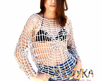 Gray spiderweb top net lace blouse crochet goth halloween costume spiderweb top open weave loose grunge top gothic crop top woman spider web