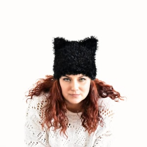 Black pussycat hat, cat ear hat, cat hat, kitty hat, hat with ears, pussycat beanie, animal hat, pussyhat, women march hat, fur pussy cat image 1