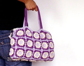 Lilac Crochet Handbag, Floral Granny Square Bag