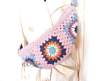 Pink Fanny Pack for Festival Adventures and Everyday Style - Vibrant Crochet Granny Square Bumbag, Bohemian Crossbody Bag, Chest Bag