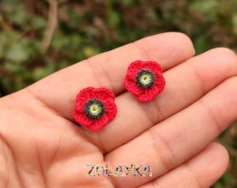 Red Poppy Crochet Earrings, Micro Crochet on 925 Silver Studs