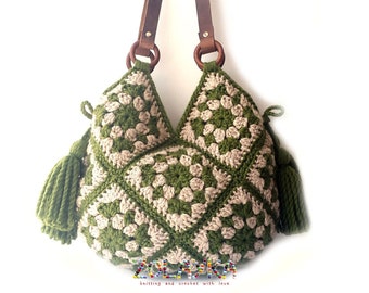 Large crochet bag, shoulder hippie purse, designer boho style knit bag for women with leather handles and big tassels