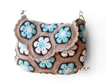 Flowers Messenger Bag for Women, Crochet Granny Square Bag, Retro Style Afghan Crossbody Bag, Evel Eye Bag