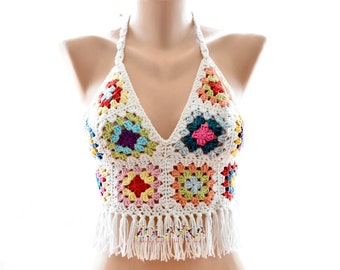 Festival Halter Top With Fringes, Granny Square Crop Top, Gypsy Crochet Bralette, Boho Corset, Hippy Tie Back Tank Top, A-B-C-D Bra Cup Size