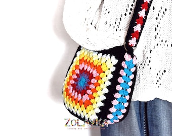 Crochet Crossbody Bag, Granny Square Bag, Crochet Boho Bag with Colorful Adjustable Strap