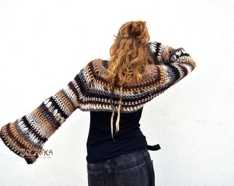 Bell Sleeves Crop Jumper, Boho Crop Top, Hippie Style Bohemian Look Layered Sweater, S to L Size, Mohair Sleeves Shrug, Brown Knit Shrug