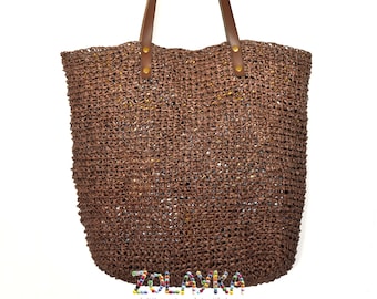 Borsa tote in rafia intrecciata a mano con manici in pelle – Borsa estiva marrone naturale