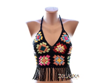 Granny Square Crop Top With Fringes, Festival Halter Top, Boho Corset, Gypsy Crochet Bralette, Hippy Tie Back Tank Top, A-B-C-D Bra Cup Size