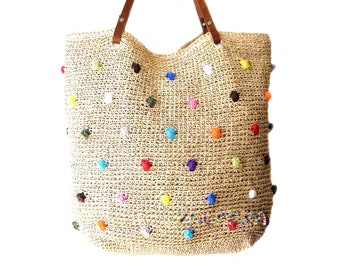 Straw beach bag large raffia beach tote dotted beach bag crochet raffia tote genuine leather straps extra large summer woven beach bag