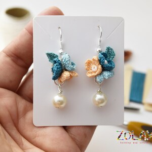 Delicate Flowers Earrings, Micro Crochet Cluster Dangle Earrings, Blue Flowers Earrings