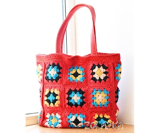 Red Granny Squares Bag, Vintage Style Crochet Bag, Leather Bottom and Handles