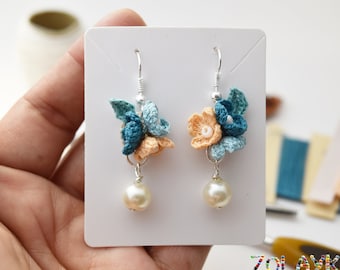 Delicate Flowers Earrings, Micro Crochet Cluster Dangle Earrings, Blue Flowers Earrings
