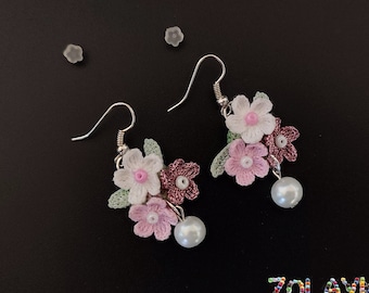 Micro Crochet Flower Cluster Dangle Earrings - Pink, Purple, White on 925 Silver Hooks, Birthday Gift Idea