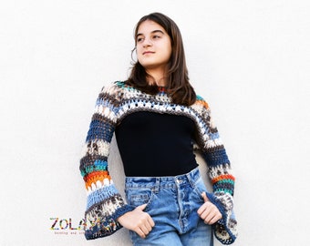 Blue Orange Fairycore Top, Long Sleeve Shrug Bolero, Loose Streetwear Harajuku Aesthetic Jumper, Y2K Crochet Crop Top, Grunge Crop Sweater