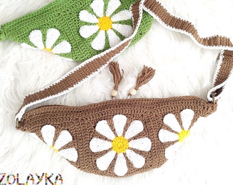 Crochet Daisy Fanny Pack, Sling Bag with Granny Squares, Adjustable Strap and Two Sides Zippers