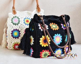 Multicolored handbag gypsy boho bag large hobo bag with leather handles crochet boho bag with tassel granny handbag gypsy style shoulder bag