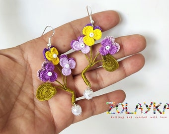 Handmade Micro Pansy Flowers Earrings with Pearl Bead - 925 Silver Fishhooks