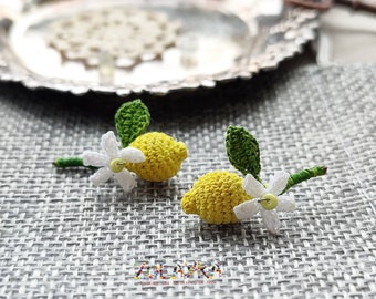Micro Crochet Lemon Stud Earrings with Blossom - 925 Silver Post