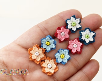 Small Flowers Earrings, Micro Crochet Stud Earrings