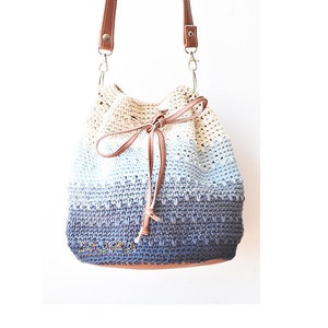 Blue bucket bag, crossbody bag crochet, summer cotton bag, leather handles and bottom, blue ombre bucket cross body purse, boho bag hippie image 2