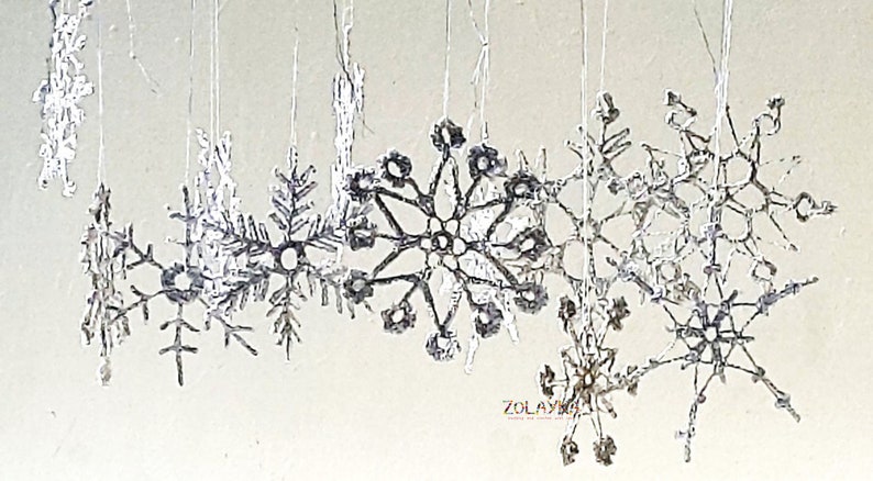 Crochet Snowflakes, Silver Shabby Xmas Tree Decor, Shining Christmas Ornaments, Silver Flakes Hanging 6pcs. image 6