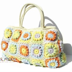 Women boho hippie bag with flowers bohemian style eco friendly cotton shoulder bag granny squares top handle handback in bright colors Yellow