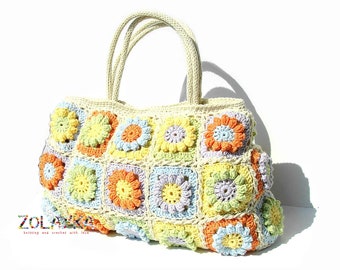 Women boho hippie bag with flowers bohemian style eco friendly cotton shoulder bag granny squares top handle handback in bright colors