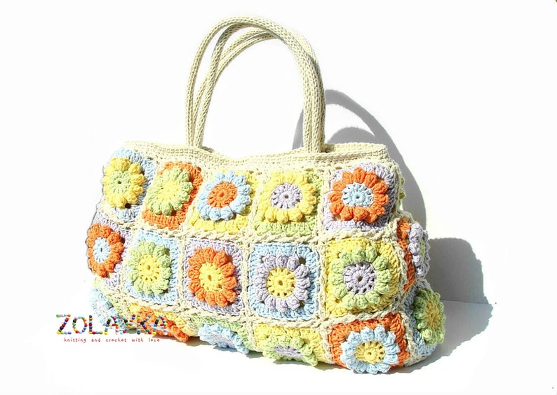 Women boho hippie bag with flowers bohemian style eco friendly cotton shoulder bag granny squares top handle handback in bright colors Yellow