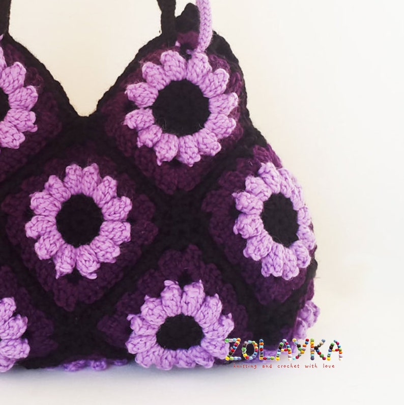 Bohemian purse with flowers, crochet shoulder bag, Granny squares bag, purple hippie bag, flowers boho bag, hippie bag retro style purse image 2