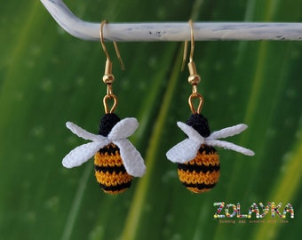 Crochet Honeybee Earrings, 14K Plated Gold Bumblebee Lover Gift, Cottagecore Jewelry, Bee Earrings