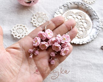 Cherry Blossom Micro Crochet Earrings, Pink Sakura Floral Jewelry
