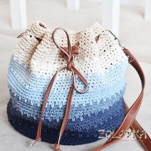 Blue bucket bag, crossbody bag crochet, summer cotton bag, leather handles and bottom, blue ombre bucket cross body purse, boho bag hippie Blue ombre