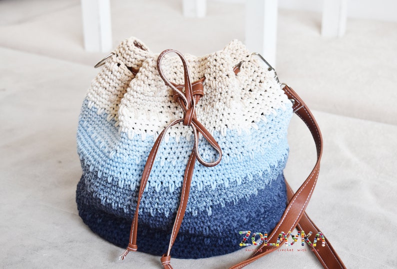 Blue bucket bag, crossbody bag crochet, summer cotton bag, leather handles and bottom, blue ombre bucket cross body purse, boho bag hippie Blue ombre