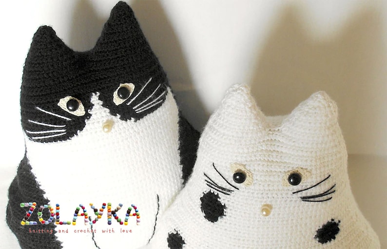 Crochet cat toy pillows set Black and White cat stuffed cat pillow pet lover gift cat toy pillow animal pillow primitive toy cat crochet image 5