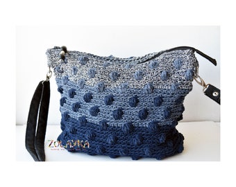 Slouchy gehaakte top rits portemonnee, cadeau voor haar, crossbody gestippelde tas, blauwe Ombre