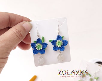 Delicate Blue Blossoms, Microcrochet Earrings with Miyuki Beads and Moonstone Accents, 925 Silver Hooks